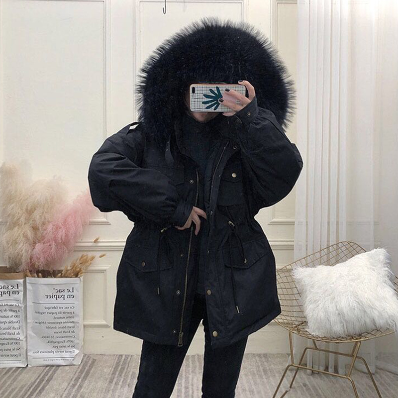 FTLZZ White Duck Down Coat Women Winter Jackets Large Natural Raccoon Fur Hooded Parkas Female Sash Tie Up Warm Snow Outwear 201023