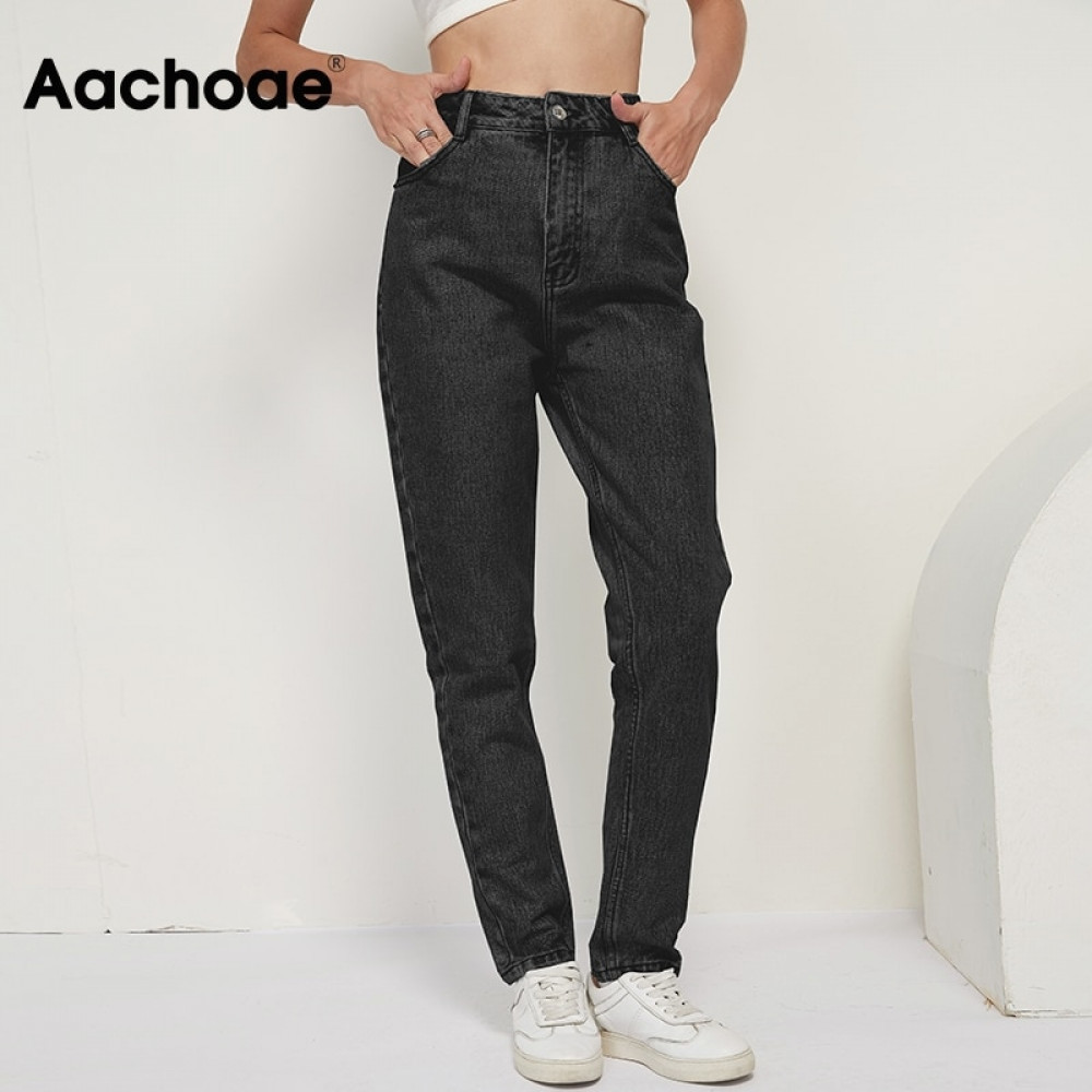 Aachoae Fashion 100 Cotton Mom Jeans Women High Waist Solid Pockets Cowboy Pants Zipper Fly Long Denim Pencil Trousers 201105