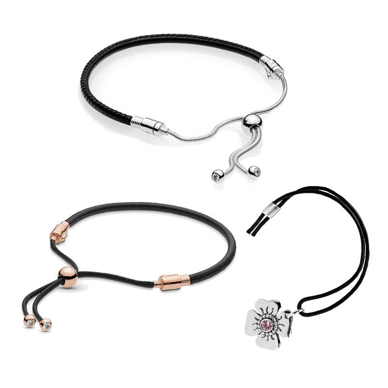 Sterling Sier Rope Bangle Original Black Genuine Leather Pans Bracelet for Women DIY Charm Bead Jewellery Birthday Gift Free shipping