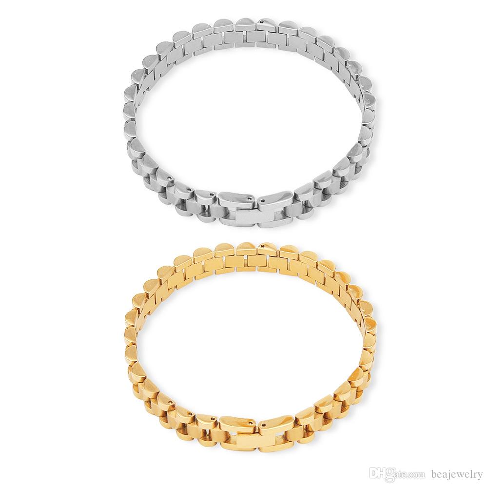 Gold Plated Watch Strap Link Chain Bracelet 21cm*1cm Stainless Steel Style Wristband Adjustable Mens Hip Hop Punk Rock Jewelry Bangle Cool Gift Bijoux