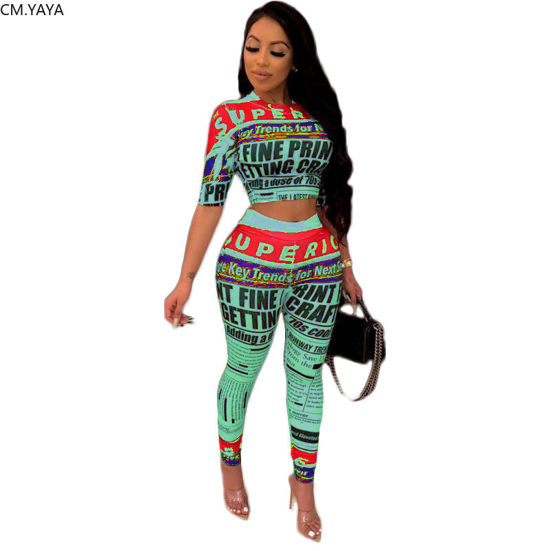 Women summer letter newspaper print short sleeve o-neck tee pencil pants suit two piece set sporty tracksuit outfit GLA8111 T200603