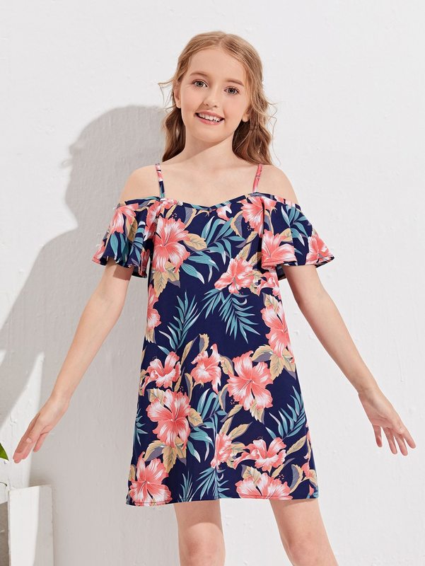 Girls Tropical Print Cold Shoulder Dress SHE