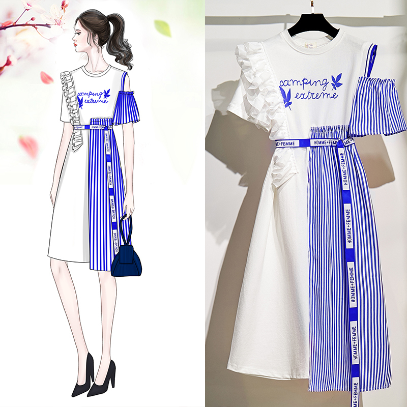 Summer Fashion Women Ruffles Cold Shoulder Letter Print Irregular Dress Streetwear Casual Striped Patchwork Mid Shirt Dress T200117