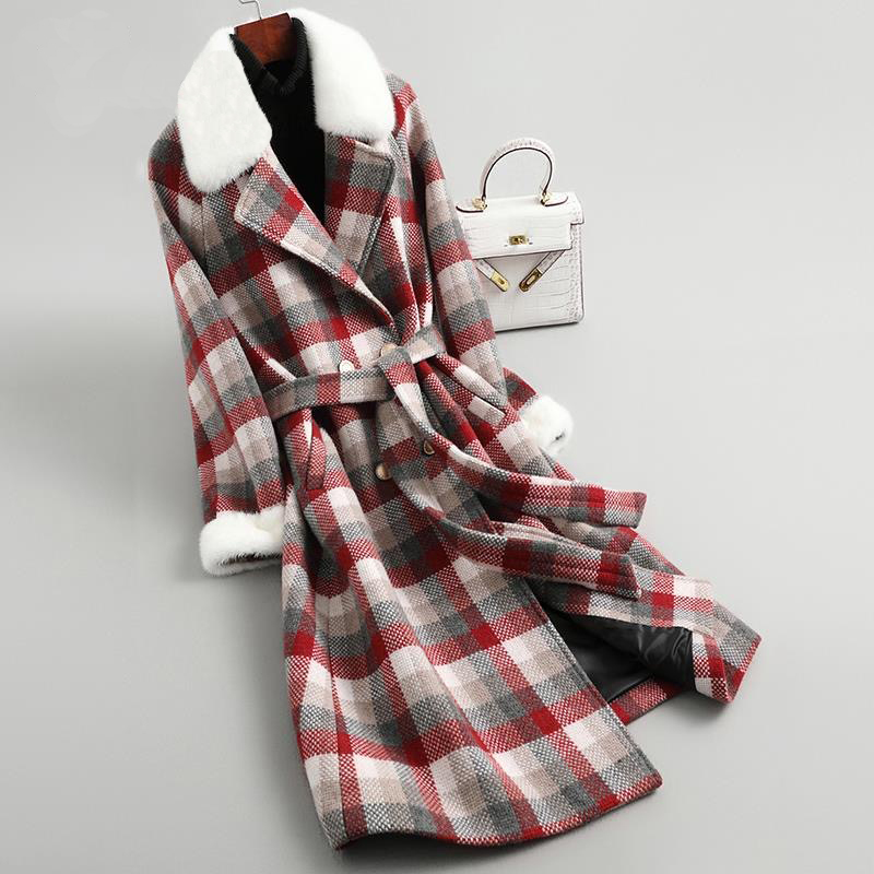 Autumn Winter New Arrival Women Warm Wool Coat Fashion Plaid Belted Blends Outwear Female Korean Slim Office Long Coat 201112