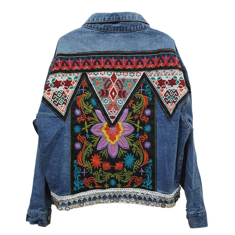 Boho Denim Jacket For Women Autumn Floral Appliques Embroidery Vintage Coat Long Sleeve Outerwear Female Jacket Coatee B025