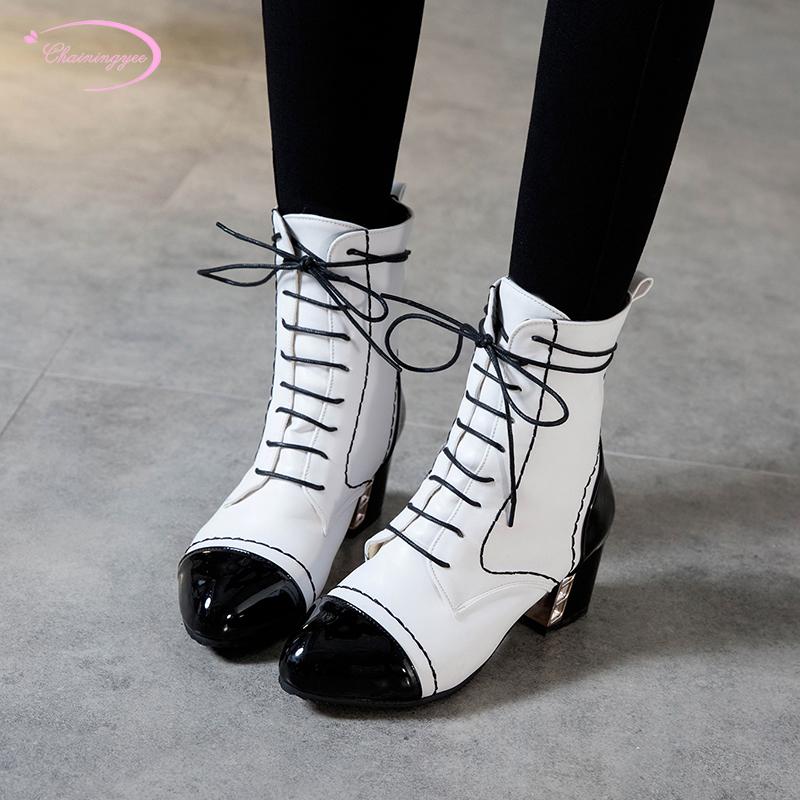 College style round toe ankle boots fashion lace-up matching color white yellow black thick high heel riding boots women's shoes
College style round toe ankle boots fashion lace-up matching color white yellow black thick high heel riding boots women's shoes