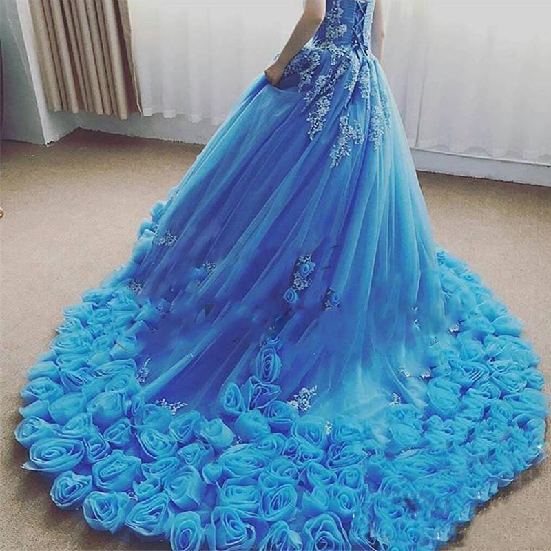 Blue Sweetheart Tulle Quinceanera Dresses Lace Applique 3D Hand Made Flower Ball Gown Sweet 15 Dresse Princess Patty Wear