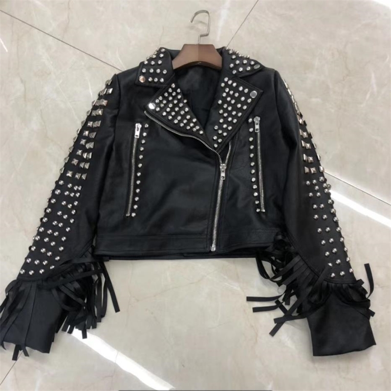 Rivet beading soft pu leather coats Women tassel stitching pu Leather Jacket Punk Rock Cropped Jackets faux leather coat F2190 201020