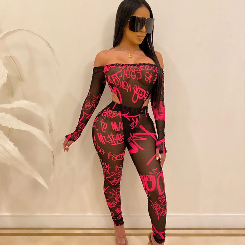 Sexy Mesh Transparent Women's 2-Piece Black Outfit Off Shoulder Bodysuit & Pants Tracksuit | T200630 B3