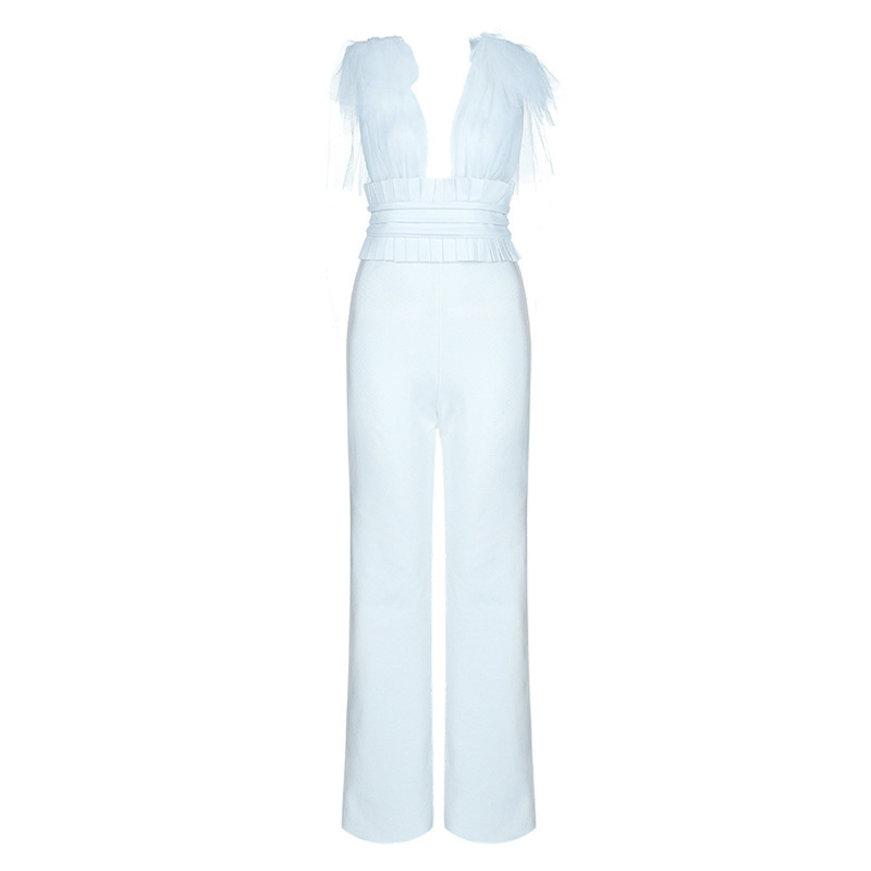 INDRESSM Deep-V Bandage Jumpsuit Sleeveless Backless Lace Bow Mesh Front Long Pants Party Bodycon Rompers Jumpsuit New Wome T200509