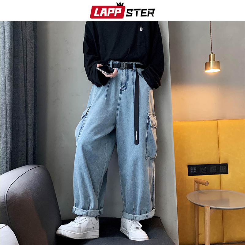 LAPPSTER Men Black Baggy Jeans Big Pockets Kpop Hip Hop Harem Pants High Waisted Vintage Oversized Denim Pants Plus Size 201120