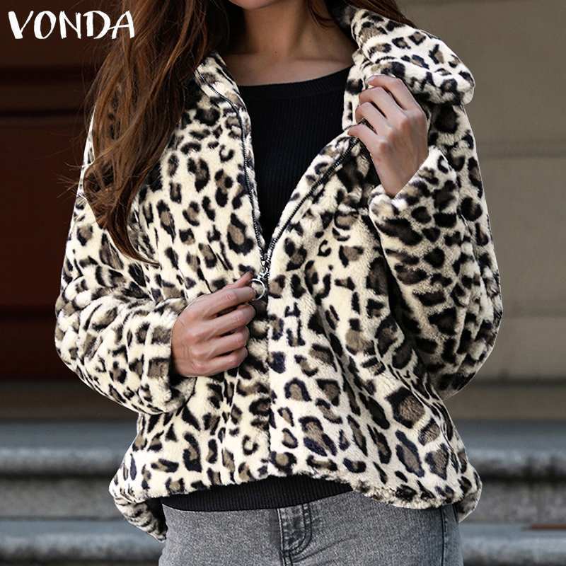 2019 VONDA Women's Fashion Long Sleeve Casual Warm Fleece Jackets Leopard Print Cardigan Oversized Winter Faux Fur Coats Outwear T200111