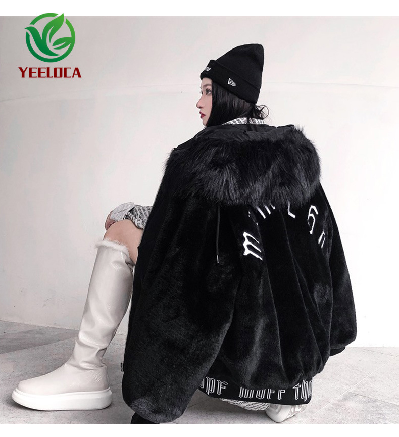 Winter Plush Fur Collar Hoodie Jacket Coat Warmth Hip Hop Couple Men Women Streetwear Oversized Parkas High Quality 201217