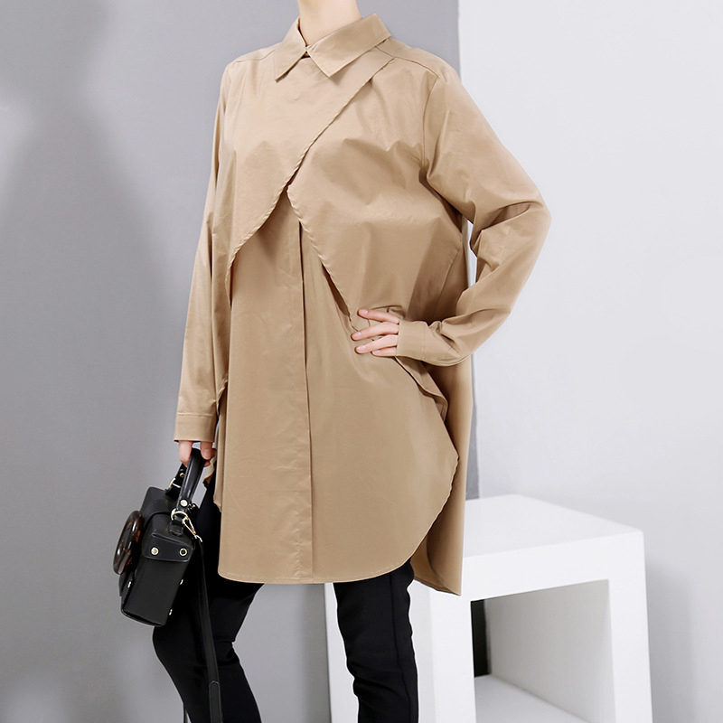 EAM Women Khaki Split Joint Asymmetrical Blouse New Lapel Long Sleeve Loose Fit Shirt Fashion Spring Autumn 1B722 T200322