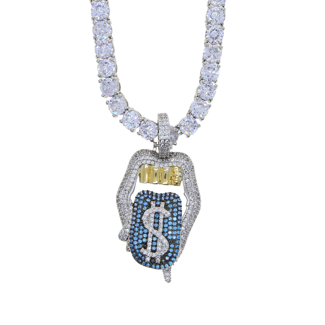 New All Hallows' Day Gift pendant Jewelry For Women Iced Out Bling CZ Tennis Chain Tongue Pendant Drip Dollar Lip Necklace