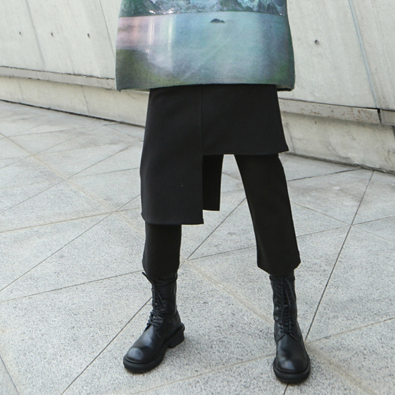 EAM High Elastic Waist Black Irregular Long Wide Leg Trousers Loose Fit Pants Women Fashion Spring Autumn 1DA991 201228