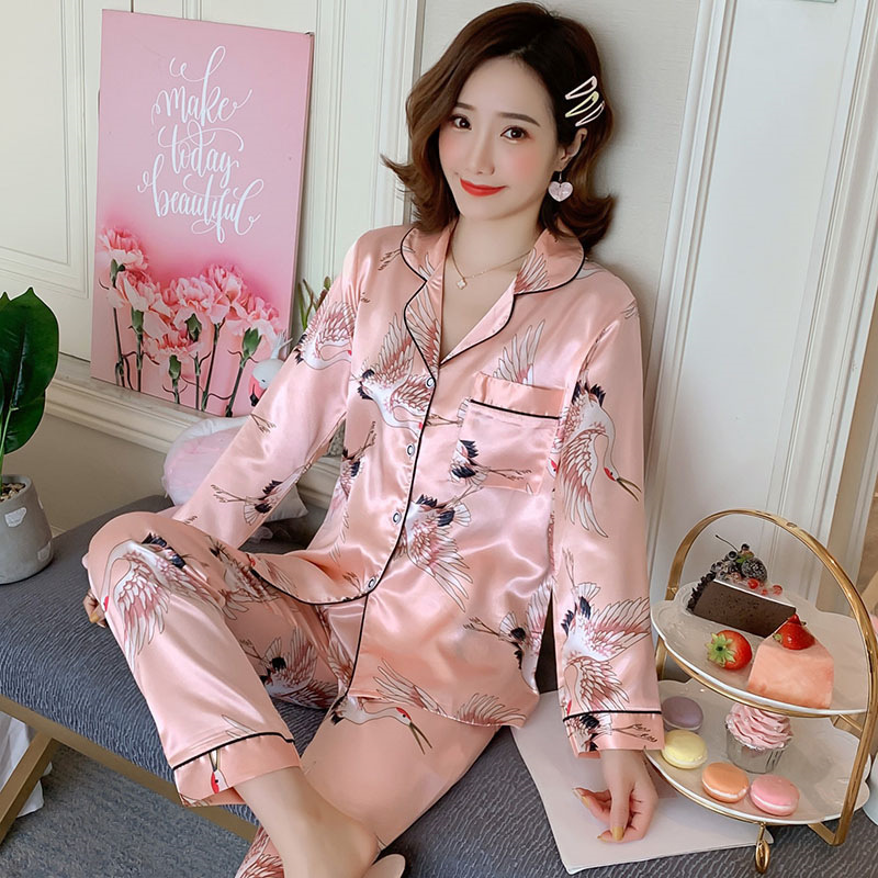 2 Piece Women Sleepwear Plus Size 3XL 4XL 5XL 85kg Nightwear Long Sleeve Silk Pajamas New Spring Autumn Print Cute Pyjamas 201027