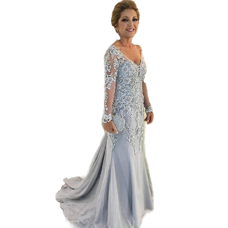 Elegant Lace Long Mother Of The Bride Dresses For Weddings V-Neck Full Sleeve Mermaid Formal Evening Gowns Women Groom Mother's Wedding Party Dre