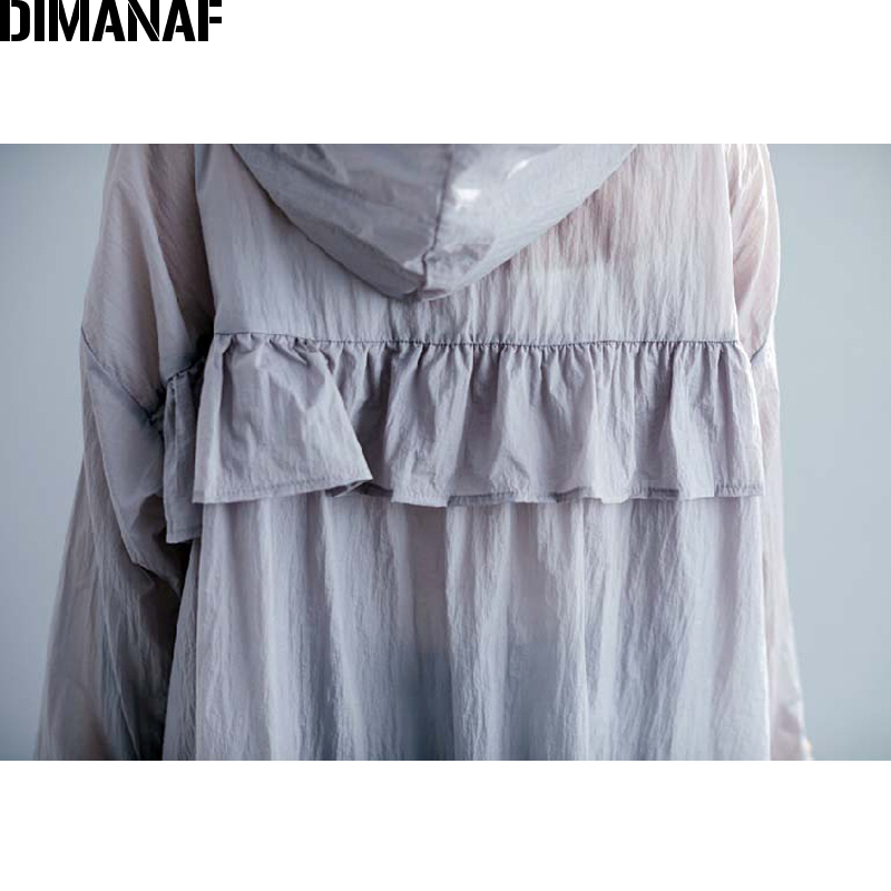 DIMANAF Summer Plus Size Jackets Coat Hooded Zipper Women Clothing Vintage Lady Ruffles Outerwear Loose Casual Pockets Cardigan 201029