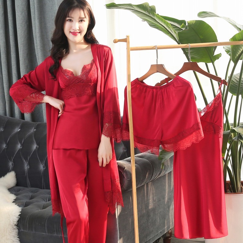 Women Pajamas Sets 5 Pieces Satin Sleepwear Pijama Silk Home Wear Home Clothing Sleep Lounge Pyjama With Chest Pads 210203