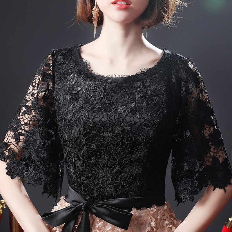 Ladybeauty Vintage Black ALine Lace Long Evening Dresses Half Sleeves Beaded scoop neck long appliques evening dress prom dress 201114