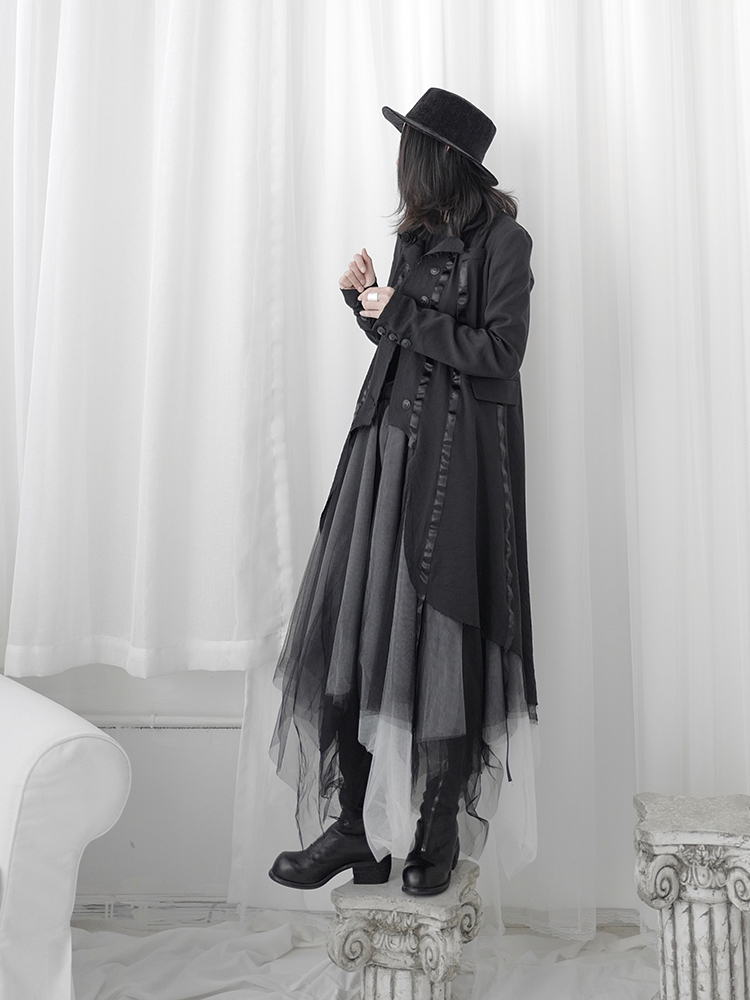 [EAM] Women Black Ribbon Asymmetrical Long Trench New Lapel Long Sleeve Loose Fit Windbreaker Fashion Tide Spring 1T698 201102