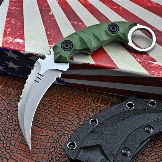 High Quality Outdoor Survival Tactical Fixed Claw Knife D2 Black Stone Wash / Satin Blade Full Tang GRN Handle Karambit