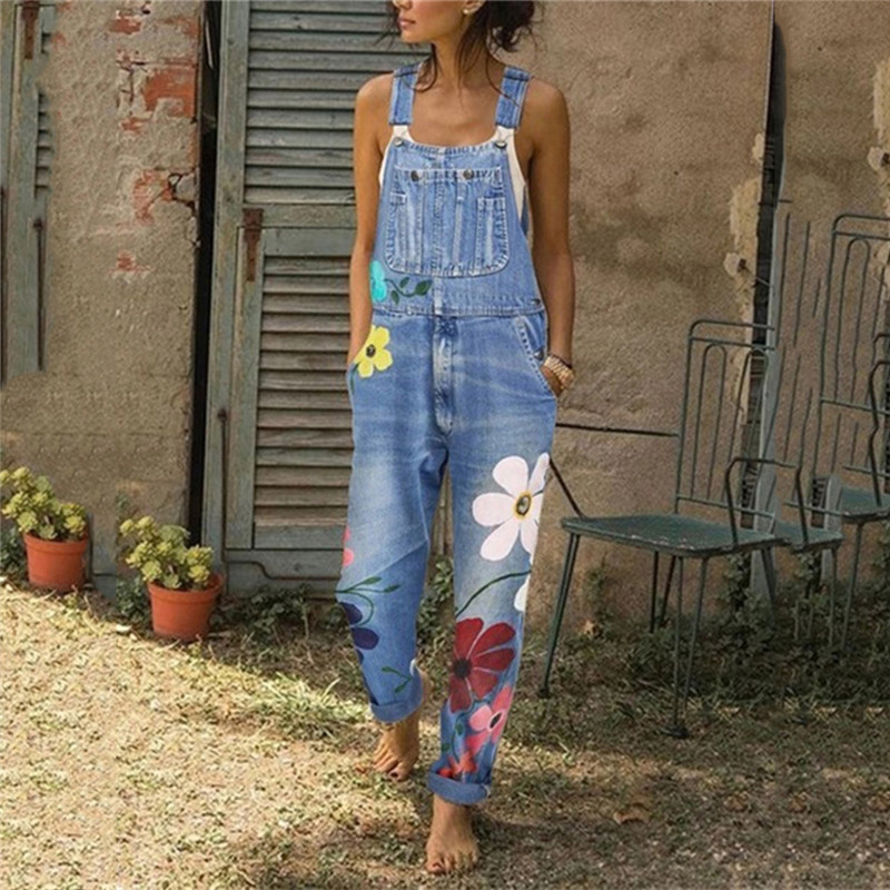 Female Playsuit Women Printed Jumpsuits Fashion Ladies Loose Casual Overalls Rompers Jeans Pants Bib Pants Knee-Length Overall T200303