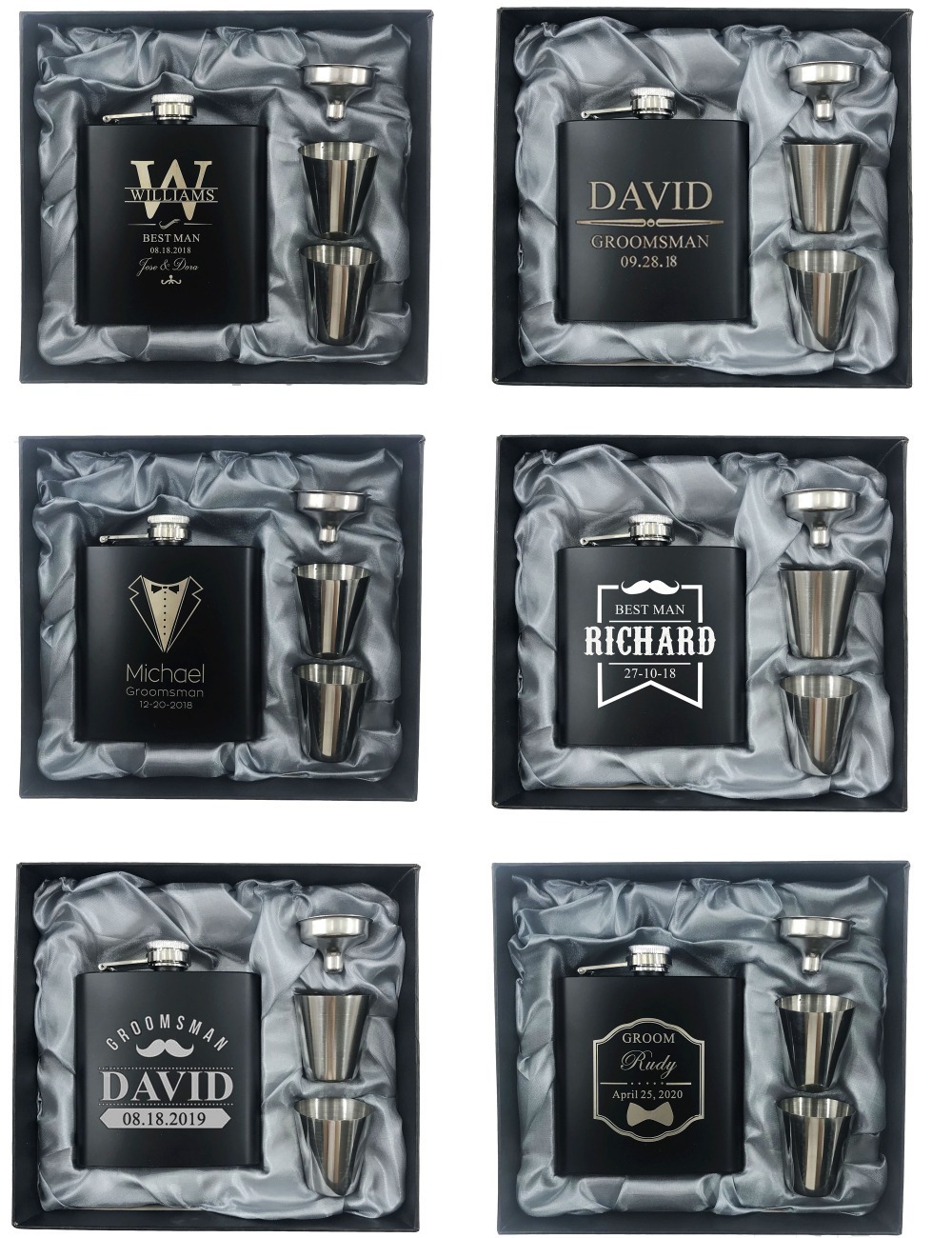 6 Set Personalized Engraved 6oz Black Stainless Steel Hip Flask With Box Wedding Favors Best Man gift Groom gift Groomsman Gift T200111
6 Set Personalized Engraved 6oz Black Stainless Steel Hip Flask With Box Wedding Favors Best Man gift Groom gift Groomsman Gift T200111