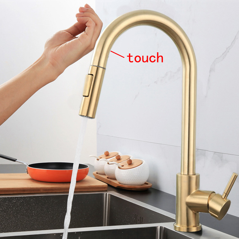 Stainless Steel Brushed Gold Kitchen Faucet Hot and Cold Touch Automatic Switch For Kitchen Pull Out Mixer Crane 2 Function Spout Sink Mixer