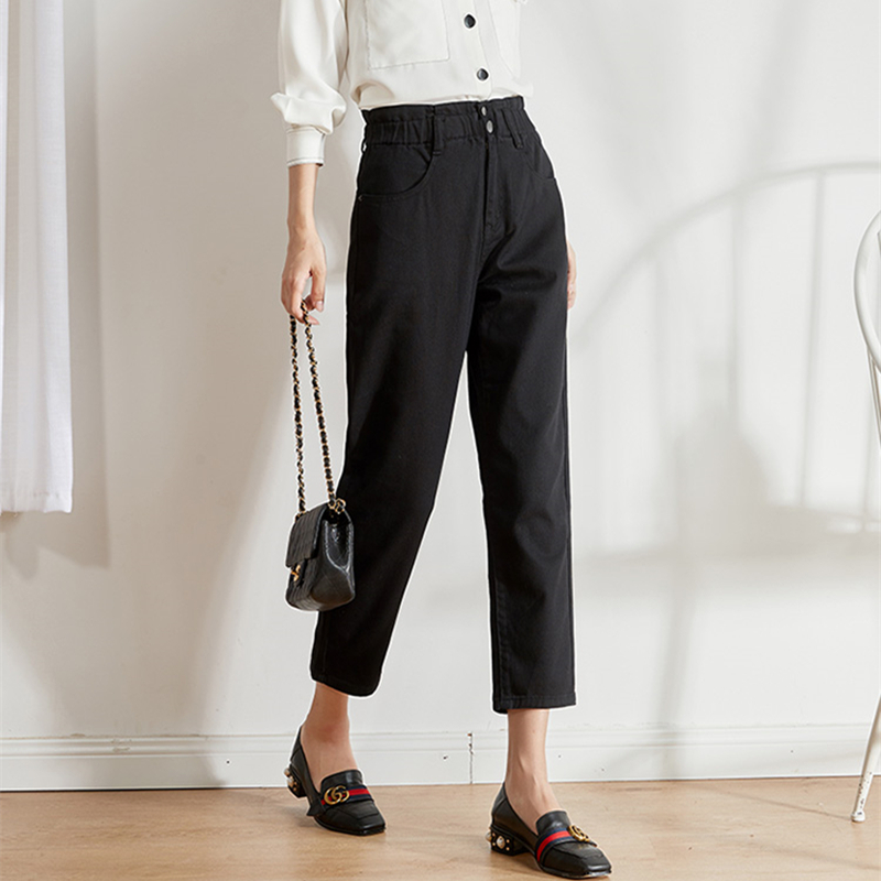 LEIJIJEANS Autumn Plus size womens elastic waist high waist harem pants doublebreasted white and black ladies jeans 201109