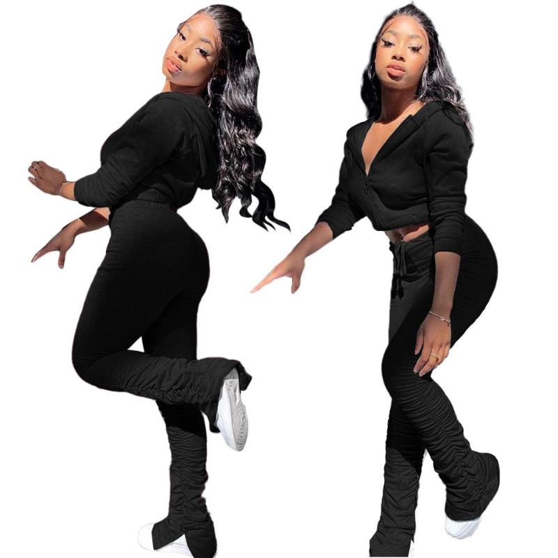 Women's Winter Tracksuits Sets: Crop Hoodies+Stacked Pants Suits (Color And Material Details) B4