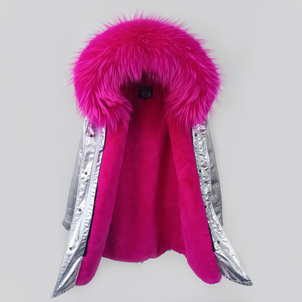 New Women Winter Coat Long Thick Fur silver color Parkas Real Raccoon Fur Collar Hood Jacket Drop Shipping 201217