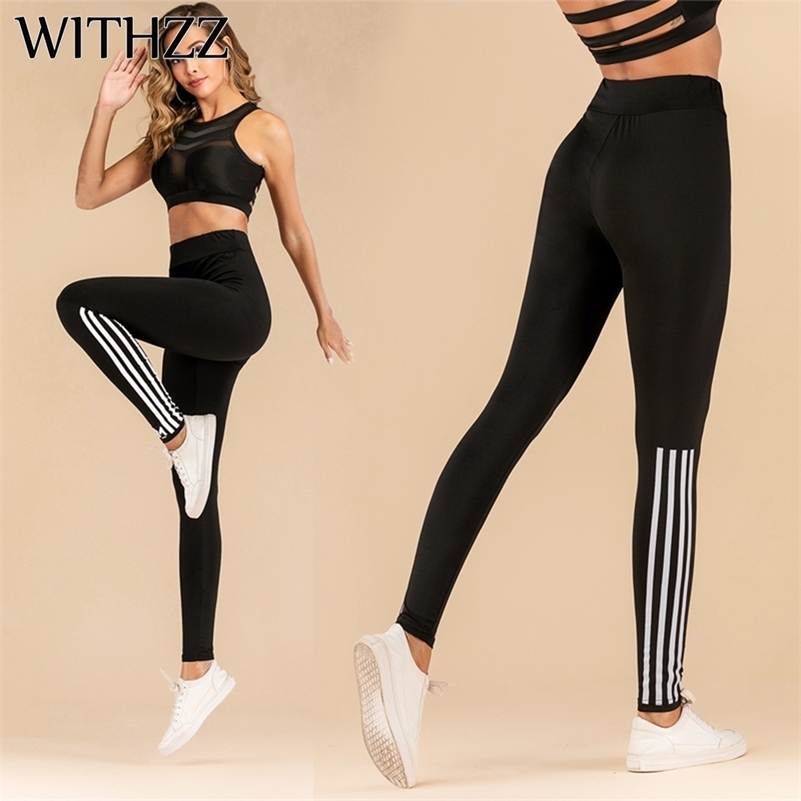 WITHZZ Stretch Fashion Pull Strip Printed High Waist Sportleggings Women Workout Leggings LJ201006