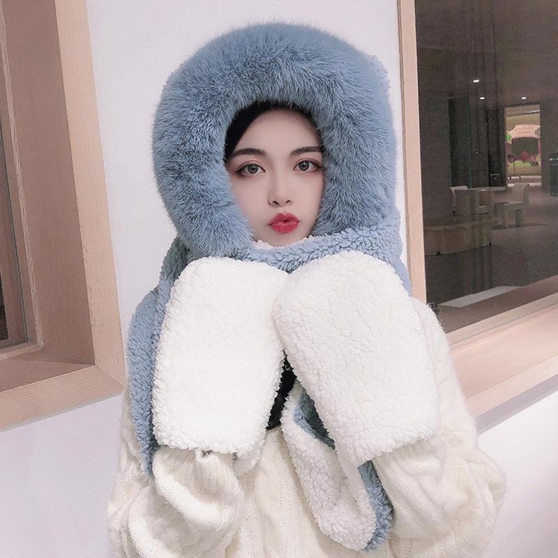 Women Winter Fuzzy Plush 3 In 1 Hooded Scarf Hat Gloves Set Contrast Color Cartoon Ears Earflap Cap Neck Warmer Mittens
Women Winter Fuzzy Plush 3 In 1 Hooded Scarf Hat Gloves Set Contrast Color Cartoon Ears Earflap Cap Neck Warmer Mittens