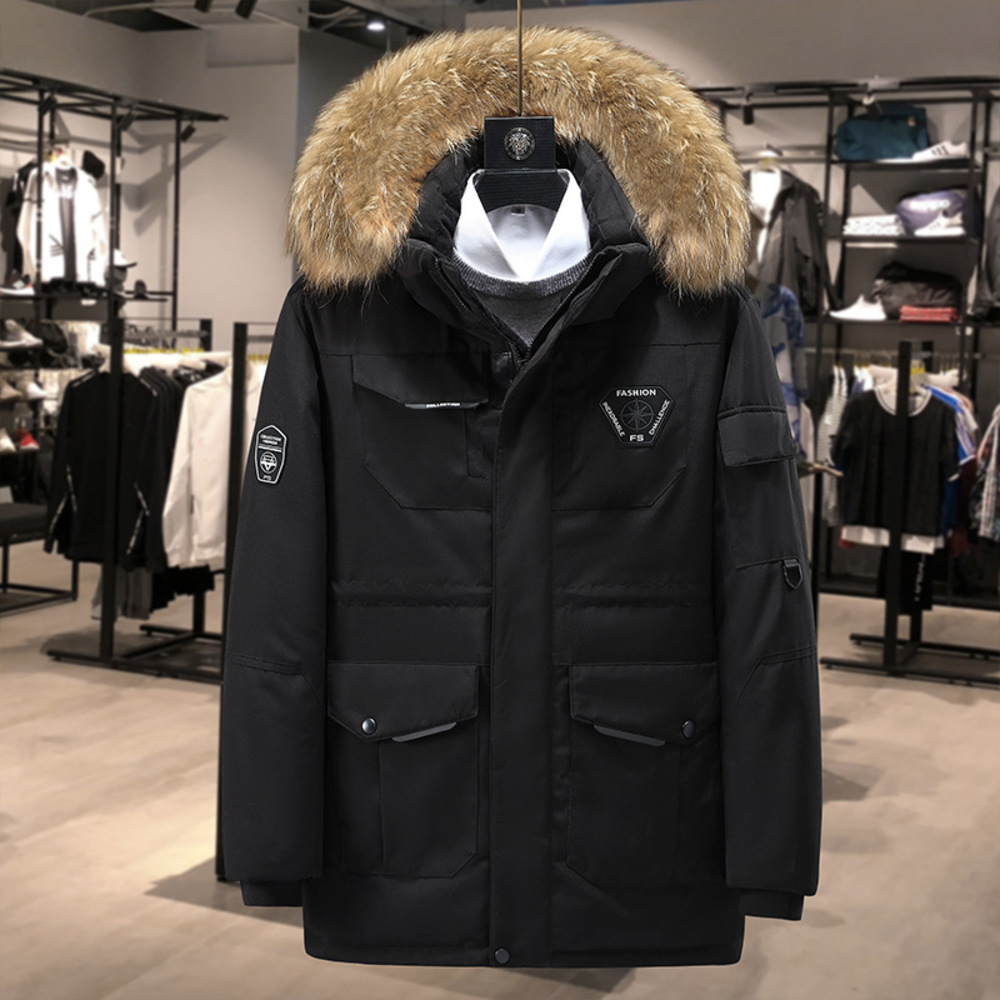 

Thicken Winter Jacket Men White Duck Down Coat Mens Fur Collar Warm Parka hombre -30 degrees Wear Snow Overcoat Size -3XL, Black