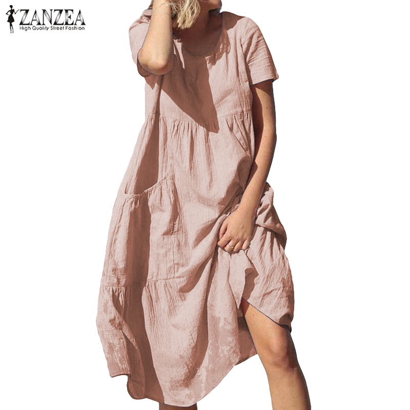 ZANZEA Vintage Casual Midi Dress Women's Sundress Elegant Short Sleeve Tunic Vestidos Female O Neck Cotton Robe Plus Size T200416