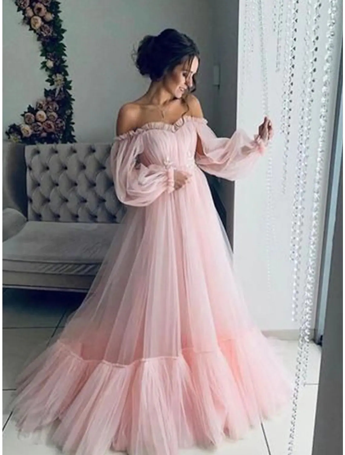 Sky Blue Engagement Prom Dress Off Shoulder Long Puffy Sleeve Floor Length Tulle Formal Party Gown Vestidos Fiesta Robe De Soiree 2024