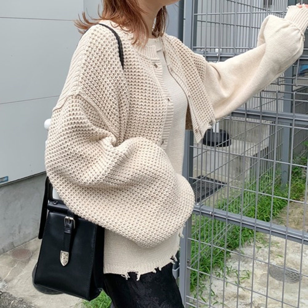 New Women's Vest Knit Sweater Lantern Long Sleeve Blouse Two-piece Japanese Simple Female Knit Tops Front And Back Two Wear 201109