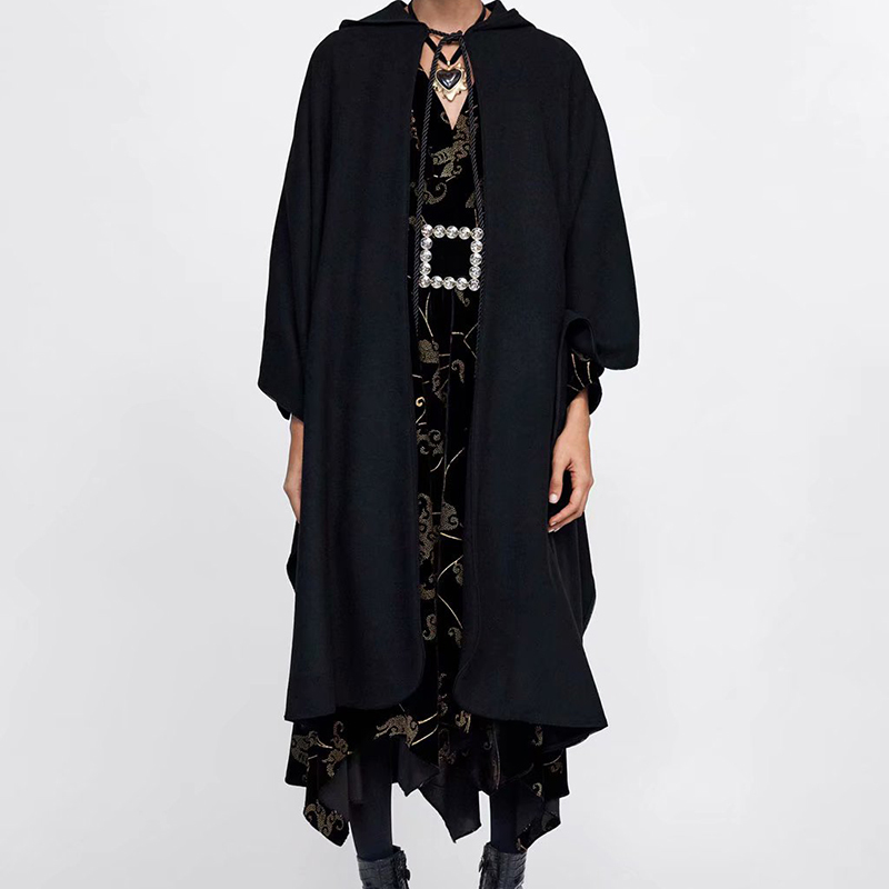 New Women Winter Black Long Coat Ladies Cotton Fashion Cardigan Jackets Women-s Harjuku Hooded Cloak Capes ponchos y capas mujer 201210