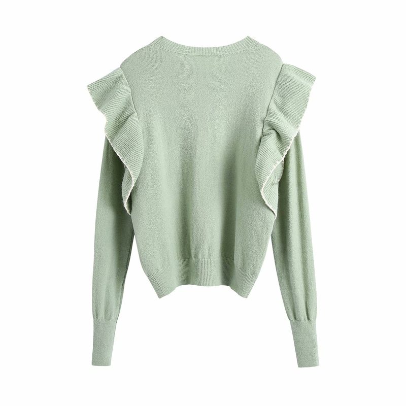 Fall Za Green Knitted Sweater Women Clothing Pullover Cropped Woman Sweaters Vintage Long Sleeve Ruffle Shoulder Ladies Top 201223