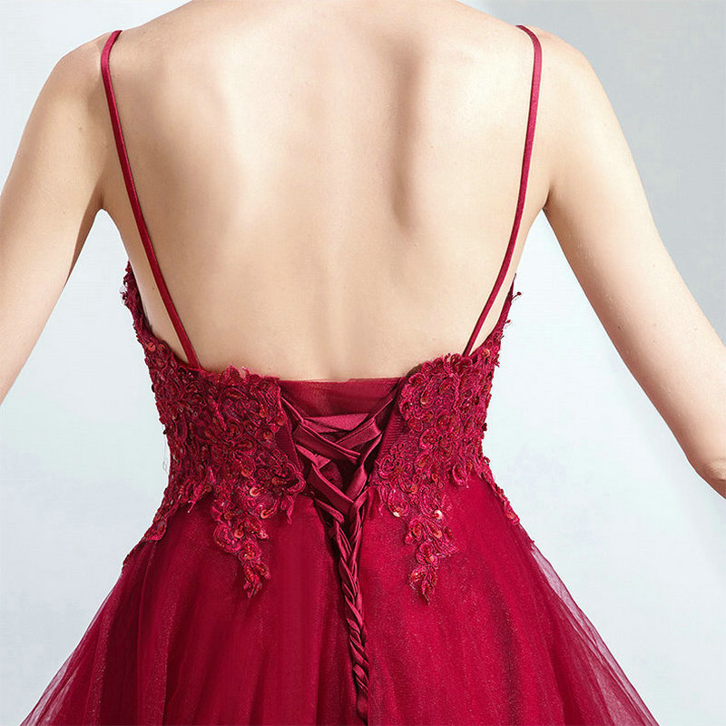 Lamya Lace Appliques High Low Evening Party Dresses V Neck Spaghetti Strap vestido de festa Short Front Long Back Fromal Gown 201114