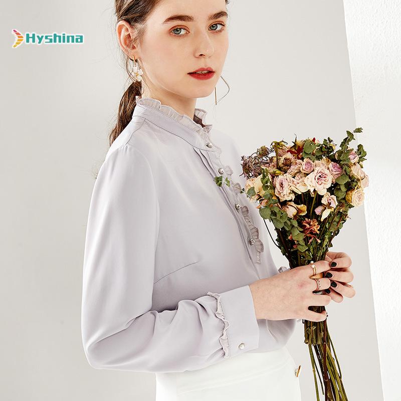 Women' Shirt Lace Standing Collar Shirt Solid Color Versatile Women, As pic