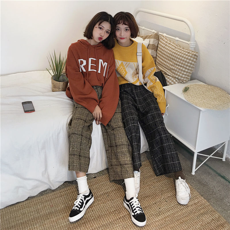 OCEANLOVE Harajuku Plaid Pants Women Vintage Lace Up Ankle-length High Waist Pants Autumn Winter Wide Leg Trousers 13026 201106