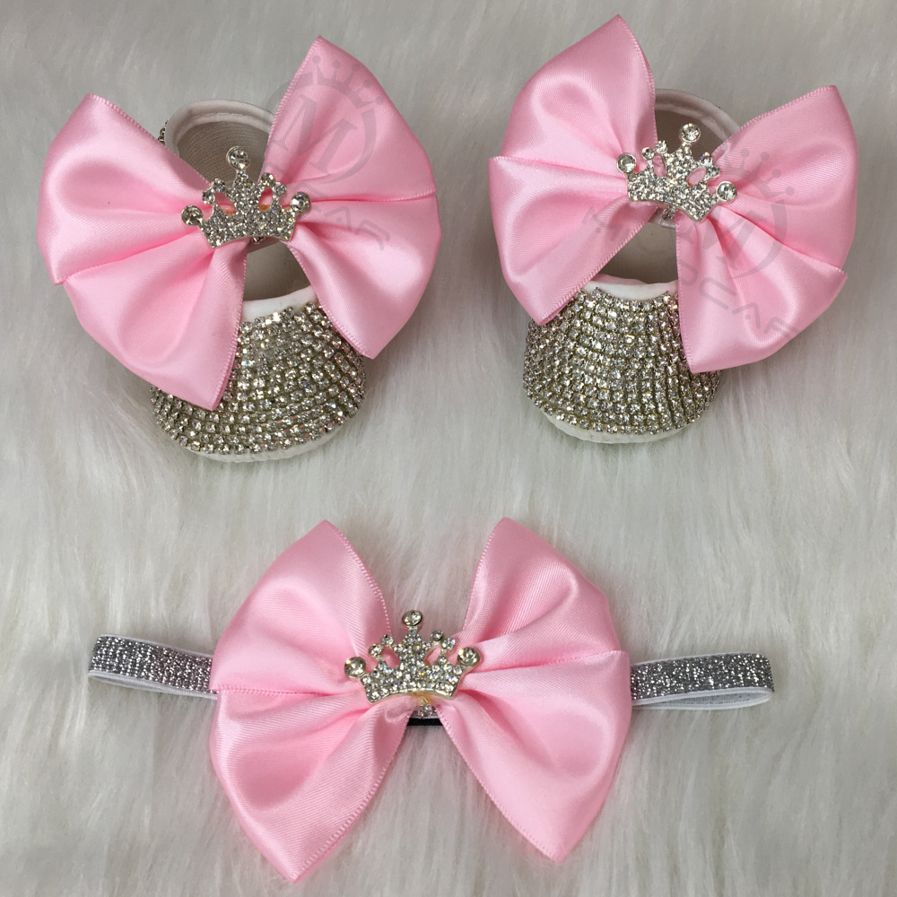 MIYOCAR bling Rhinestones baby girl shoes first walker headband set Sparkle Bling crystals Princess shoes baby shower gift LJ201104