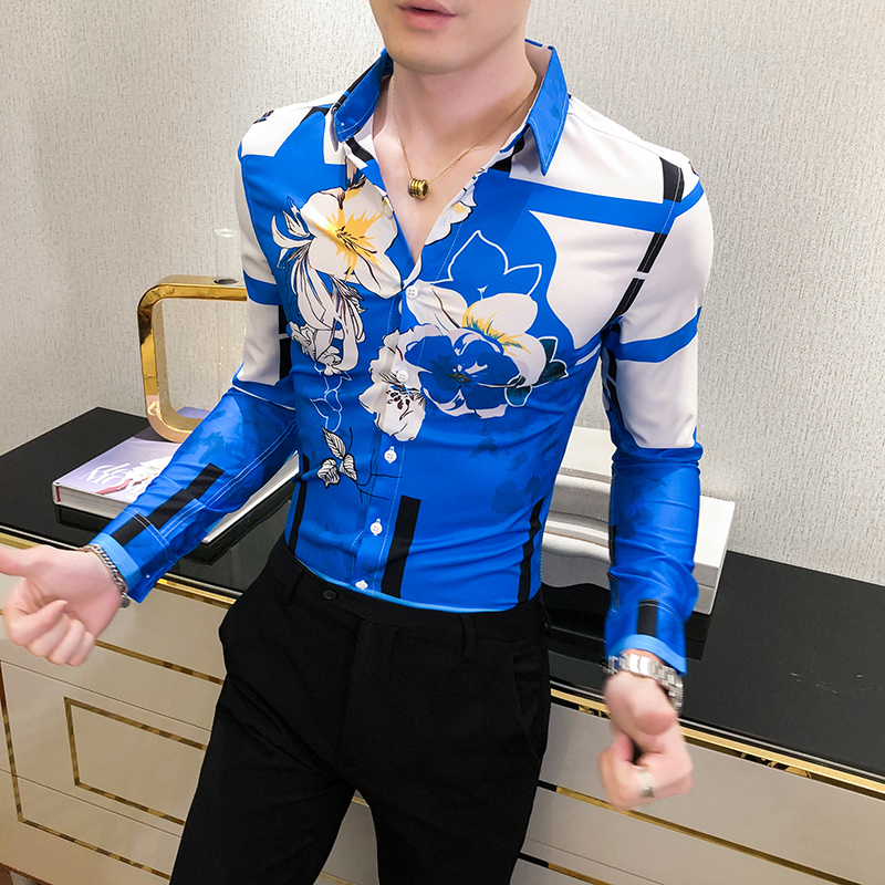 High Quality Floral Shirts for Men Clothing Korean Slim Fit Men Casual Shirts Long Sleeve Streetwear/Night Club/Prom Tuxedo 201120