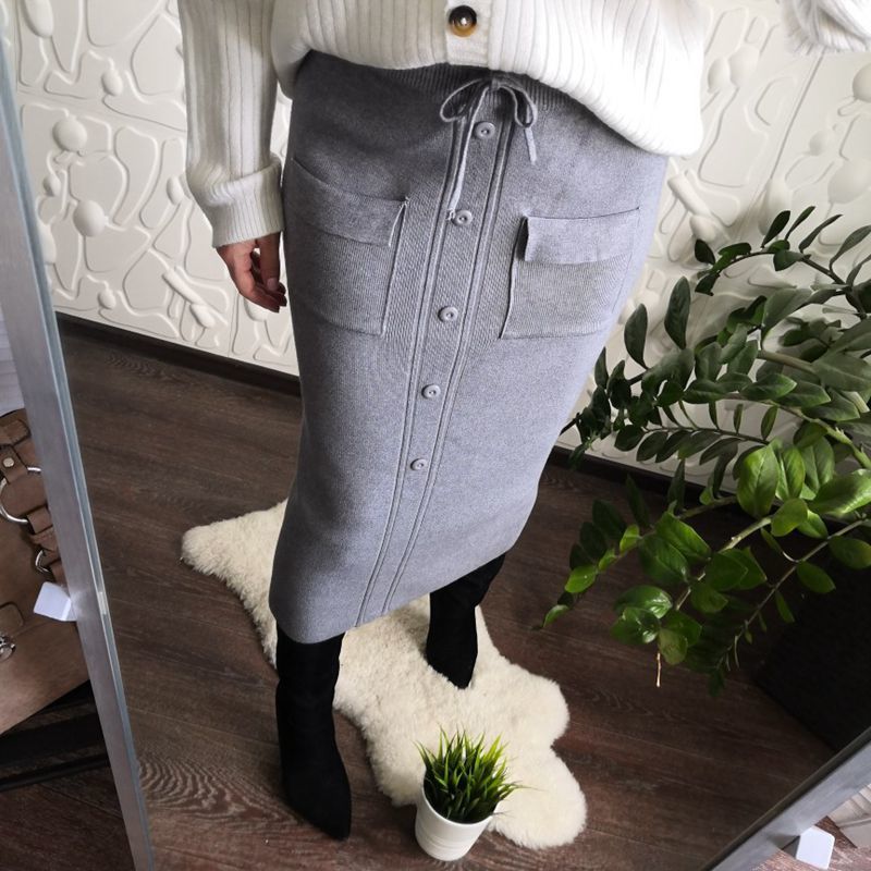 GIGOGOU Women Elastic Waist Drawstring Skirts Knitted Medium Long Skirts Autumn Winter Midi Tutu Skirt With Pocket & Button T200106