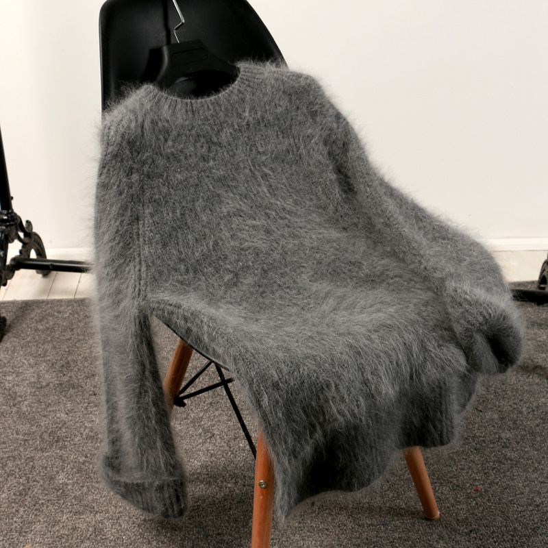 Autumn winter new womens o-neck loose solid color front short back long irregular style mohair wool knitted sweater top