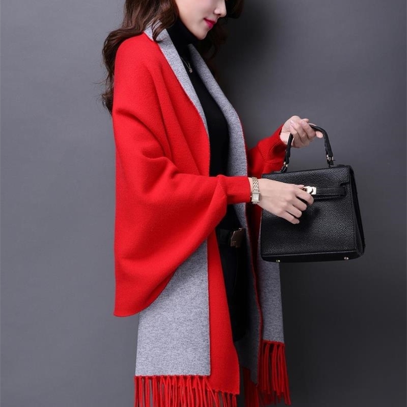 Winter Poncho With Sleeve Shawls Wraps Pashmina Lapel Lattice Geometric Knitted Sweater Coat Tassels Cape Sleeves Women 201214