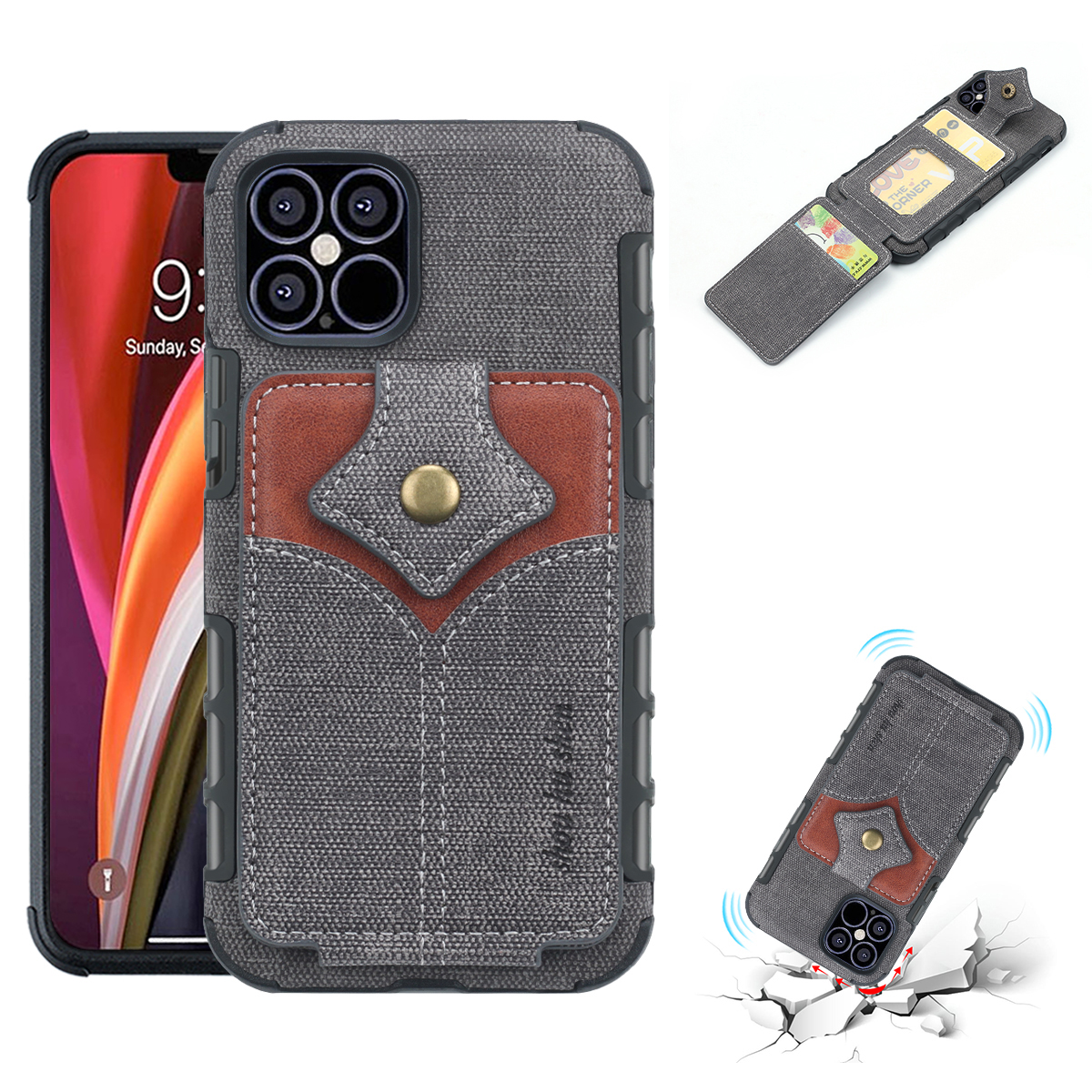 Anti-Shock Flip Cover Wallet Case Canvas Style Synthetic Leather with 4 Card Holder Slots For iPhone 12 6.1/ 12 Pro Max 6.7",iPhone 12 Mini
Anti-Shock Flip Cover Wallet Case Canvas Style Synthetic Leather with 4 Card Holder Slots For iPhone 12 6.1/ 12 Pro Max 6.7",iPhone 12 Mini